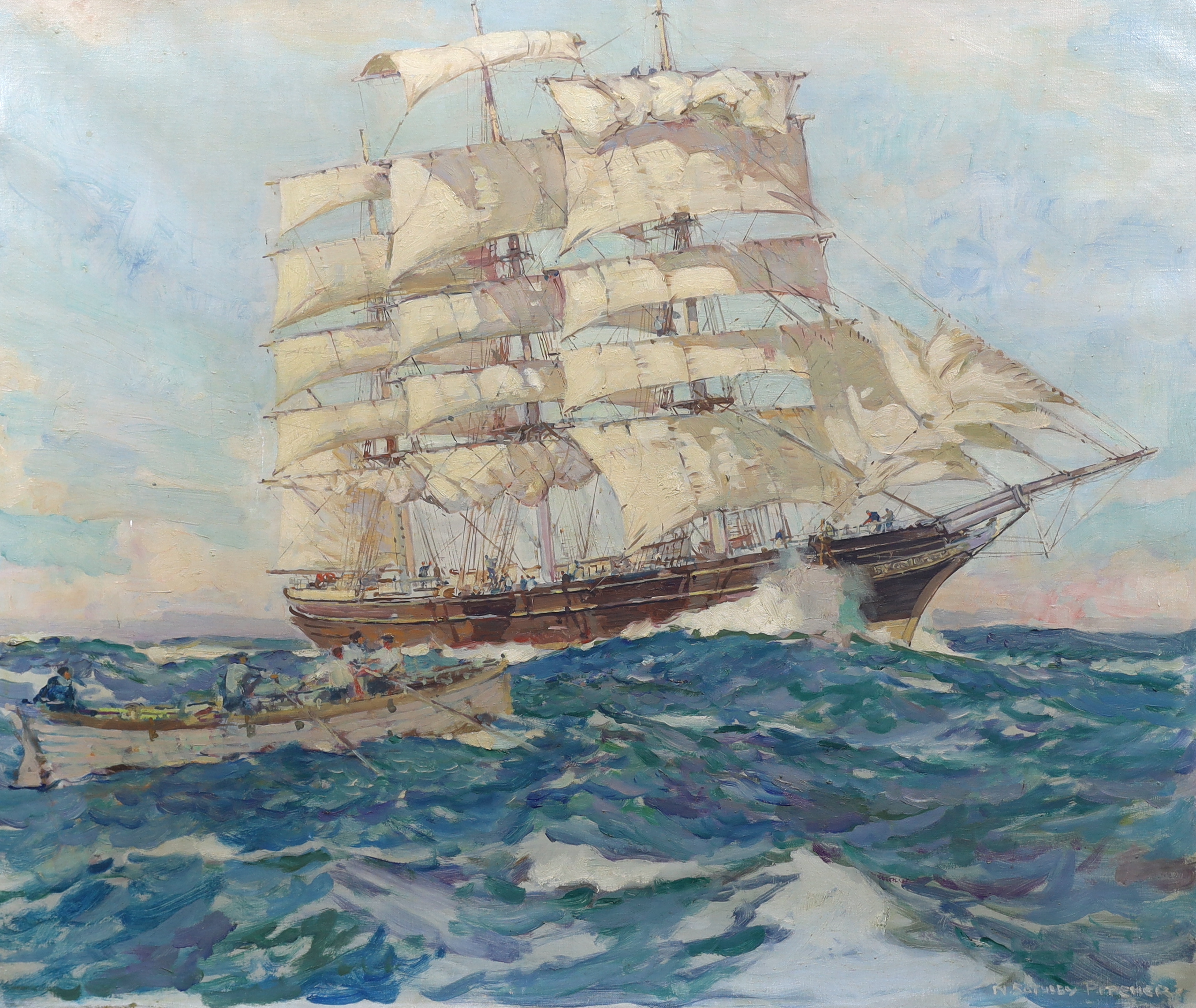 Neville Sotheby Pitcher (British, 1889-1959), Clipper ship at sea with rowing boat alongside, oil on canvas, 64 x 76cm